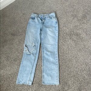 PAIGE Blue Straight Leg Jeans with Distressed Detail